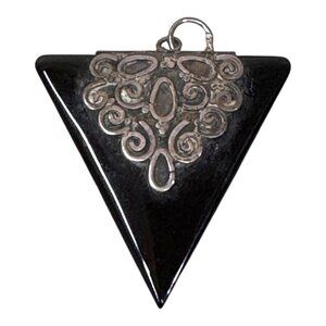 Sterling Silver & Onyx Triangle Pendant Intricate Scrollwork Design Art Deco